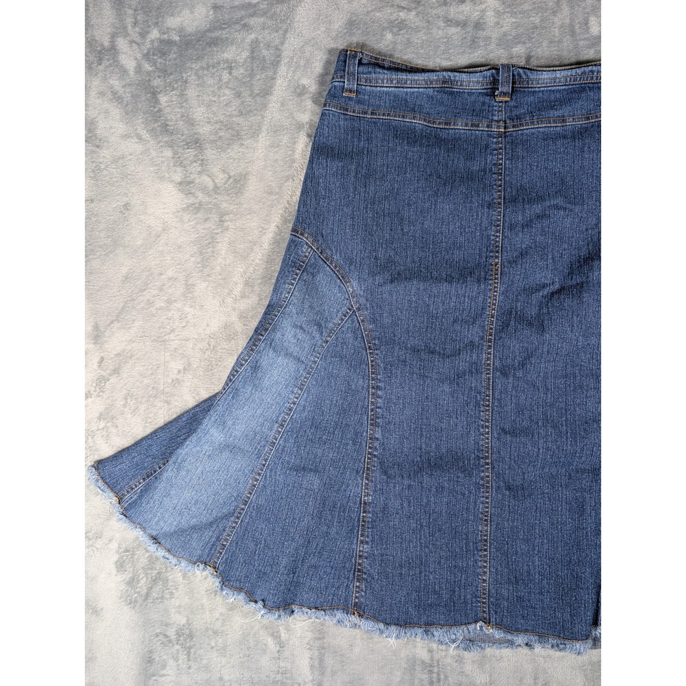Goddess Jeans Size 18 Denim Midi Skirt Blue Frayed Hem Y2K Paneled Mermaid VTG - Picture 11 of 13